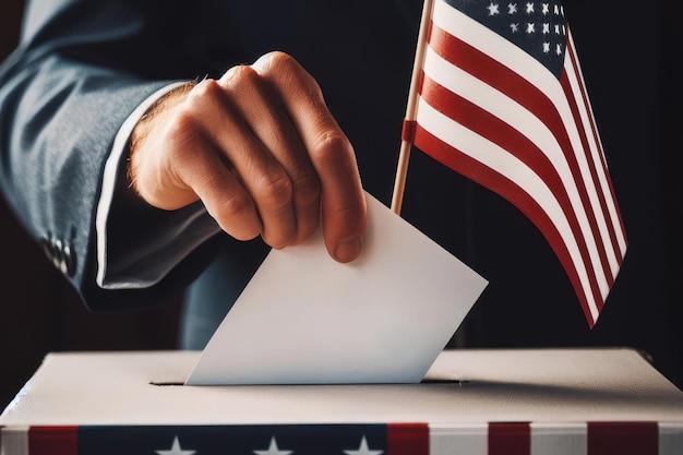 Zdjęcie człowiek głosuje w wyborach, wkładając biały kawałek papieru do pudełka.
