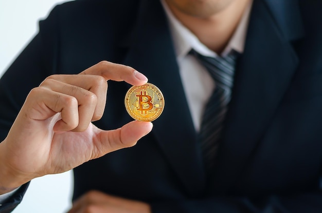 Człowiek holujący bitcoiny pionowo Jest to zakupiona moneta i produkt wymiany pieniężnej o wartości w przyszłości