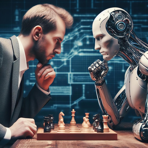 Zdjęcie człowiek i cyborg grają w szachy.
