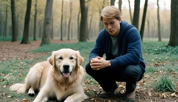 Zdjęcie człowiek i jego golden retriever