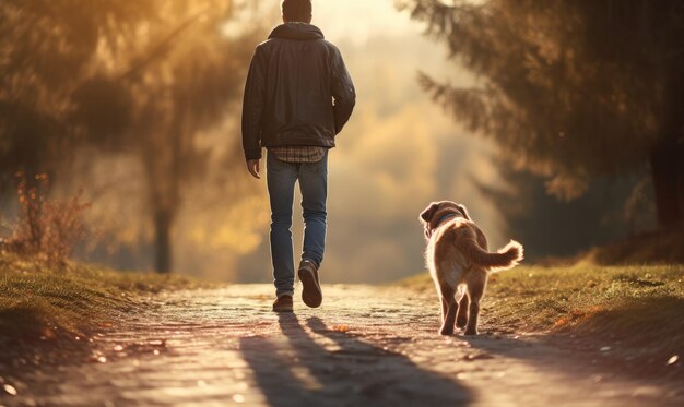 Człowiek i pies spacerują spokojnie po lesie, kąpiąc się w ciepłym blasku zachodzącego słońca.