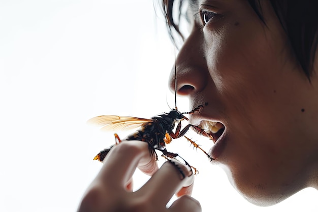 Człowiek jedzący owady Profil osoby przynosi owady do ust Smażone owady Koncepcja zamiennika mięsa