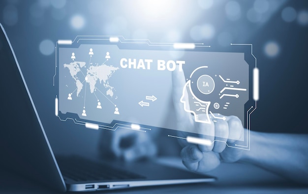 Człowiek korzystający z laptopa i paska dotykowego Chat bot Czat z systemem sztucznej inteligencji AI Sztuczna inteligencja chatbot ze sztuczną inteligencją Cyfrowy chatbot Rozmowa o aplikacji robota