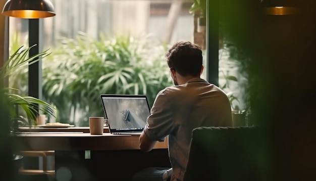 Człowiek korzystający z laptopa w kawiarni Zdjęcie portretowe Generująca sztuczna inteligencja