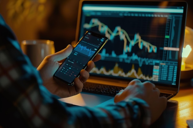 Człowiek korzystający z telefonu komórkowego i laptopa sprawdza i wykonuje analizę inwestycyjną, pracuje z wykresami i raportami rynkowymi, inwestor analizuje handel finansowy, rynek akcji kryptograficznych