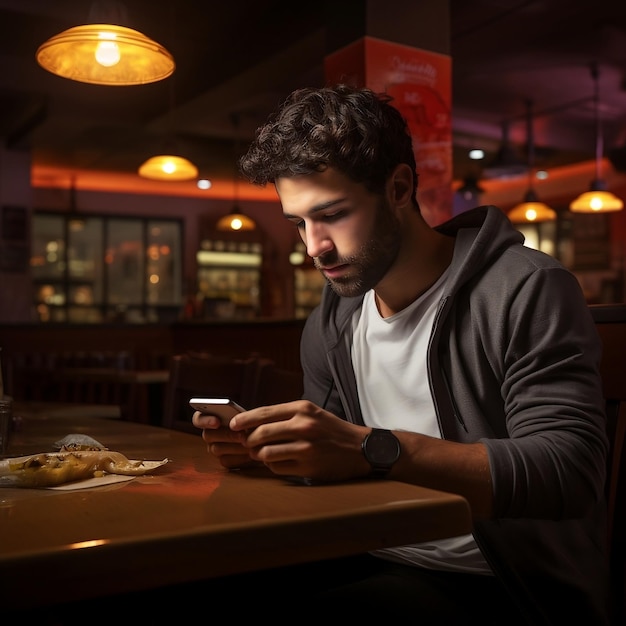 Człowiek korzystający z telefonu komórkowego w restauracji Generacyjna sztuczna inteligencja