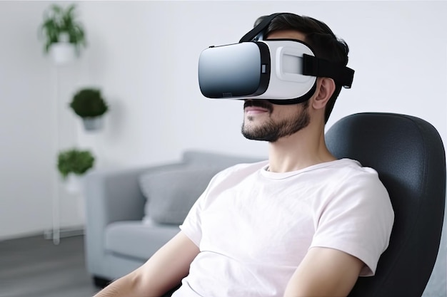 Człowiek korzystający z zestawu słuchawkowego rzeczywistości wirtualnej Przyszłe gadżety VR edukacja technologiczna online lub koncepcja gier wideo Ilustracja generatywna AI