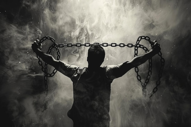 Zdjęcie człowiek łama łańcuchy i zyskuje wolność koncepcja zdobywania wolności czarno-biały