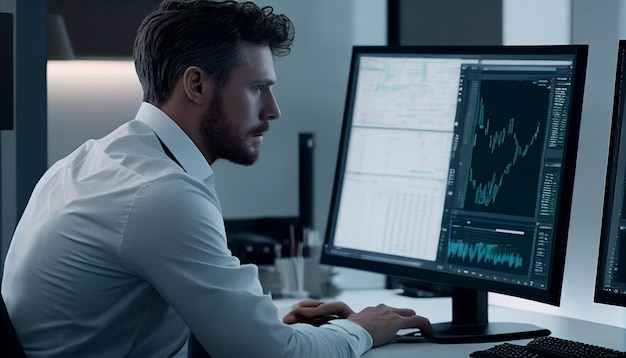 Człowiek liczący dane finansowe w nowoczesnym biurze Ekrany komputerów na stole wyświetlają dane giełdowe Kalkulacja kosztów kredytu dla korporacji Generacyjna sztuczna inteligencja