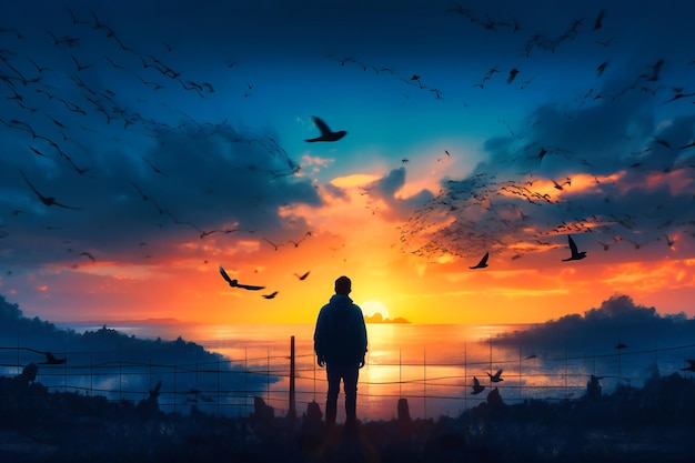 Człowiek modlący się z poczuciem spokoju, gdy wolny ptak szybuje w pobliżu sylwetki na tle zachodu słońca