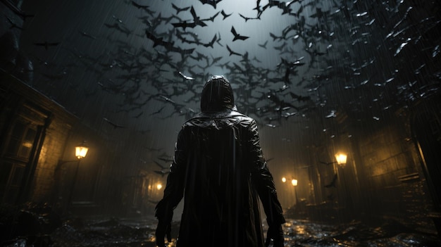 Człowiek na ciemnej ulicy, deszcz, nietoperze latające.