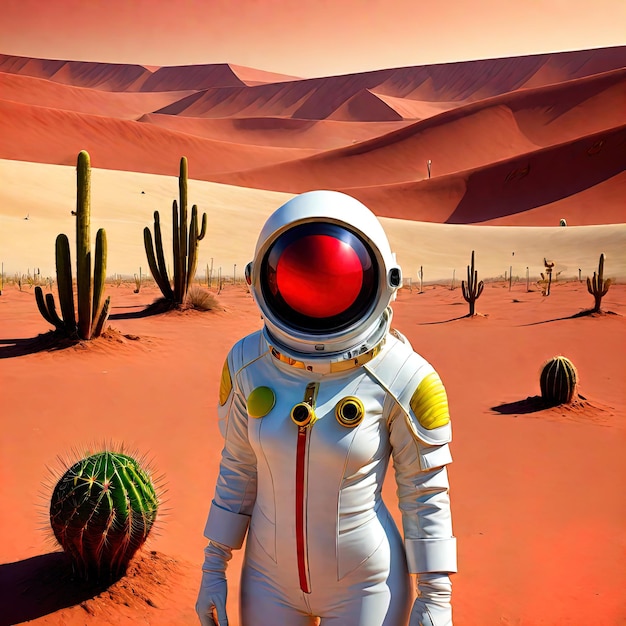 Człowiek na pustyni z planetąAstronaut na planecie Mars Planeta Mars Mars Mars Mars Mars 3 D render illustr