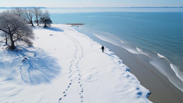 Człowiek na śnieżnej plaży w pobliżu białej chmury wody i oceanu ai generowane