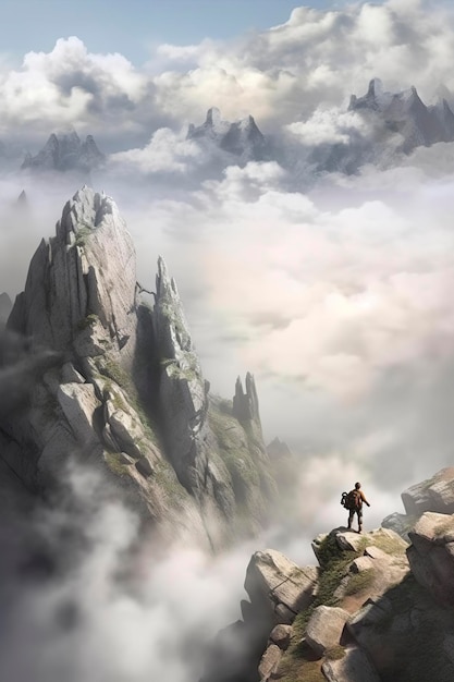 Człowiek na szczycie góry spacerujący przez chmury AI Generative
