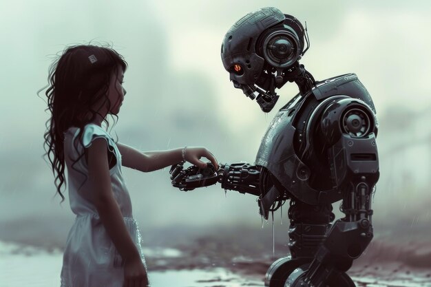Zdjęcie człowiek oferujący pomocną rękę robotowi wygenerowanemu przez sztuczną inteligencję