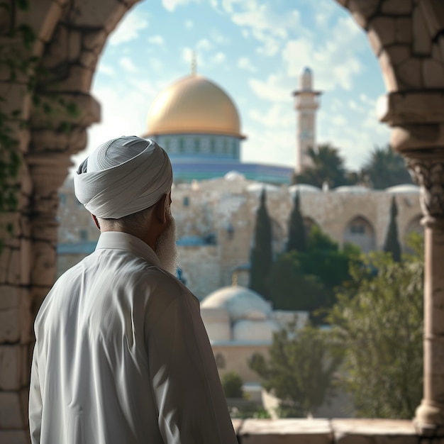 Zdjęcie człowiek patrzący przez okno z meczetem na tle