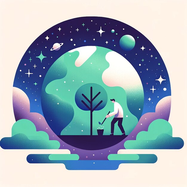 Człowiek pielęgnujący ochronę zielonej planety ziemi w minimalistycznej płaskiej ilustracji