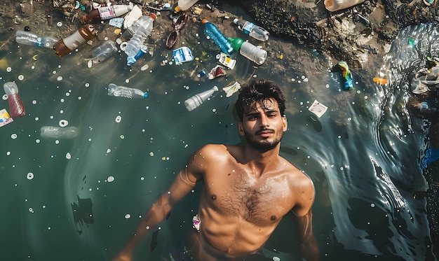 Człowiek pływa w rzece zanieczyszczenie plastikowe butelki inne śmieci na śmieciach na plastiku na wodzie
