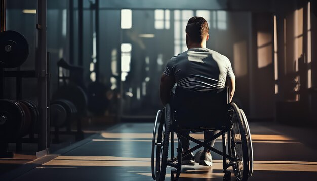 Człowiek po wojnie na wózku inwalidzkim w siłowni