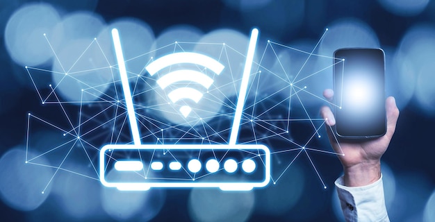 Człowiek pokazujący router Wi-Fi i sieć