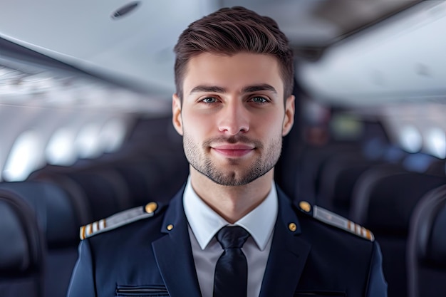 człowiek pracujący jako pilot lub stewardesa w mundurze w kabinie samolotu pasażerskiego