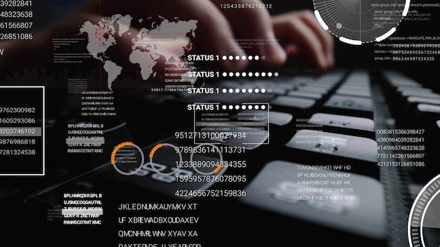 Człowiek Pracujący Na Klawiaturze Komputera Przenośnego Z Hologramem Graficznego Interfejsu Użytkownika Gui