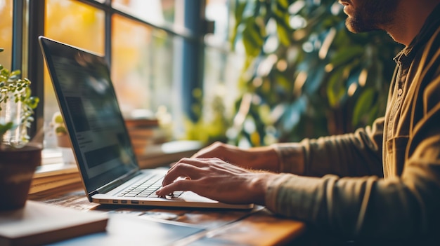 Człowiek pracujący na laptopie w jasnej przestrzeni wypełnionej roślinami