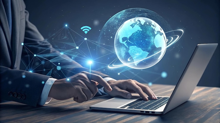 Zdjęcie człowiek pracujący na laptopie z globem na górze
