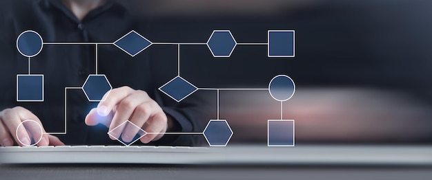 Zdjęcie człowiek pracujący w schemacie blokowym koncepcja procesu biznesowego