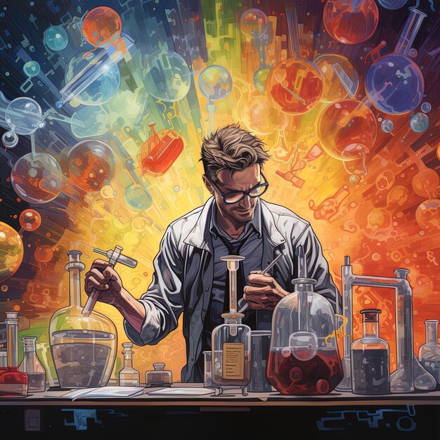 Człowiek pracuje w laboratorium z wieloma różnymi rodzajami chemikaliów.