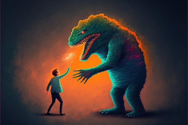 Zdjęcie człowiek przejęty przez potwora ilustracja w stylu sztuki cyfrowej obraz fantasy koncepcja mężczyzny w pobliżu potwora