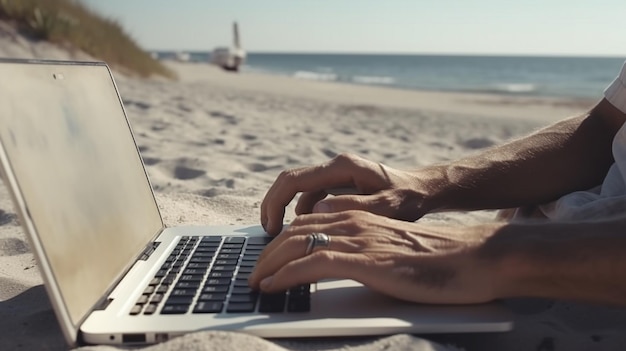 Zdjęcie człowiek przy użyciu komputera przenośnego na plaży generative ai