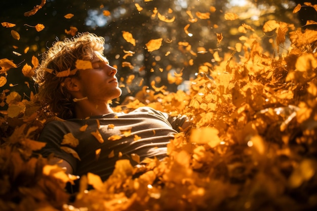 Człowiek przytulający ciepło nasłoneczonych jesieniowych liści w spokojnej przyrodzie