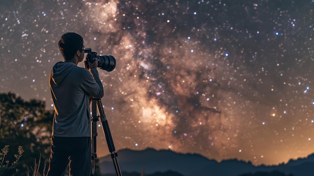 Człowiek rejestruje nocne niebo za pomocą teleskopu Światowy Dzień Fotografii