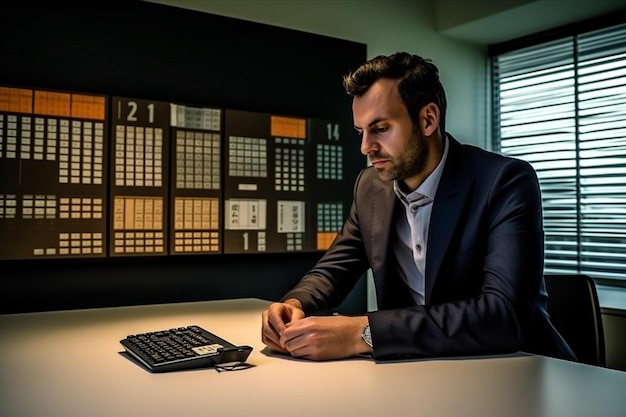 Człowiek siedzący na komputerze w biurze biznesowym, wyglądający na menedżera, kalkulator, biznesmena, białego, piszącego, generatywnego AI.