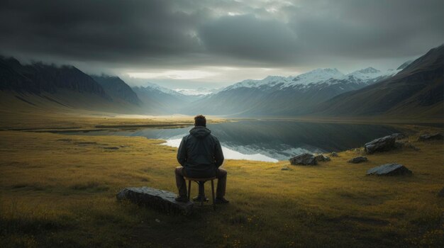 Zdjęcie człowiek siedzący na ławce w polu z górami na tle