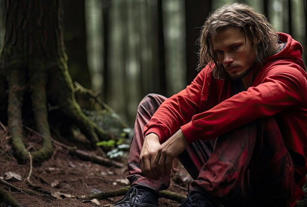 Zdjęcie człowiek siedzący na ziemi w lesie.