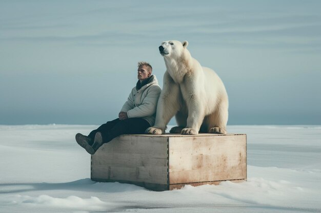 Zdjęcie człowiek siedzący w pudełku obok niedźwiedzia polarnego.