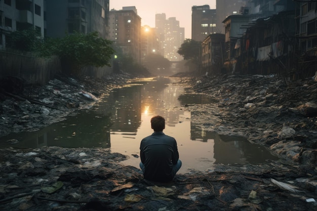 Człowiek siedzi w mieście śmieci rzeka Park osoba Generate Ai