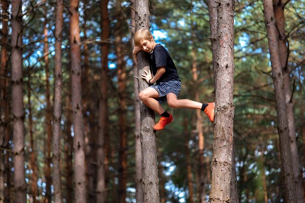 Człowiek skaczący na pniu drzewa w lesie