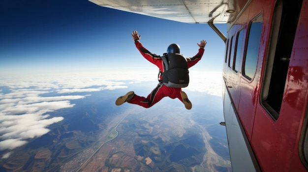 Człowiek skaczący z samolotu, aby wziąć udział w skokach spadochronowych, zabawnej przygodzie ze sportami ekstremalnymi