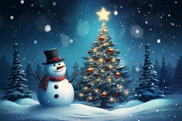 Człowiek śnieżny i choinka w zimowym tle Wakacyjna cyfrowa ilustracja dla plakatów kart projektowych lub banerów na festiwalu Bożego Narodzenia Generatywna sztuczna inteligencja