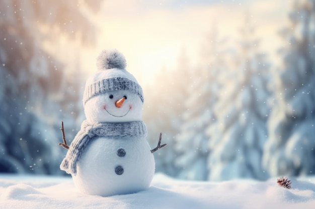 Człowiek śnieżny w zimowym lesie Boże Narodzenie i Nowy Rok wakacje tło Panoramiczny widok szczęśliwego śnieżnika w zimowym środowisku z przestrzenią kopiowania AI Generated