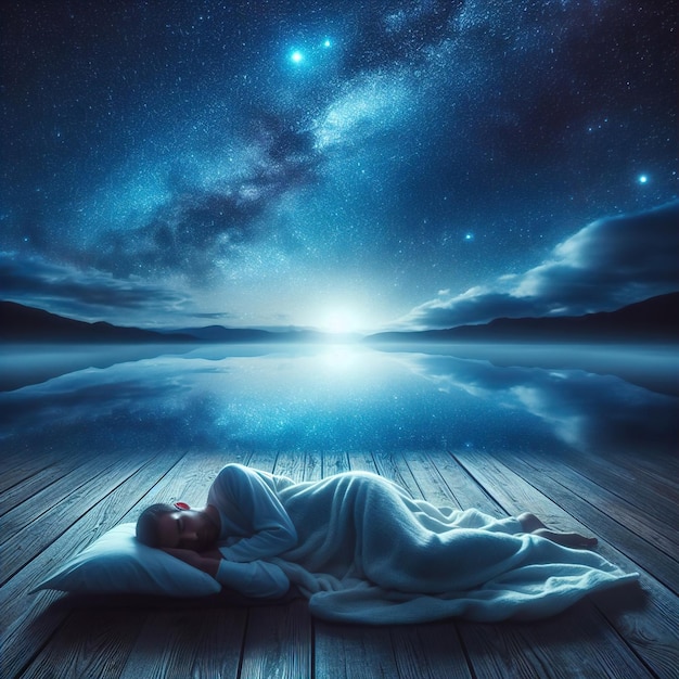 Zdjęcie człowiek śpi pod nocnym widokiem galaktycznego nieba