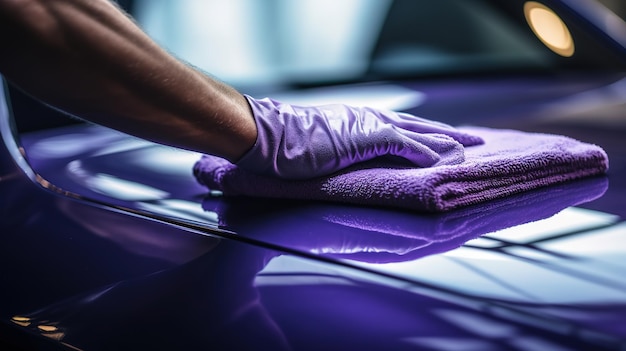 Człowiek sprzątający samochód z detalami samochodowymi z tkaniny z mikrofibry lub koncepcją obsługi samochodu