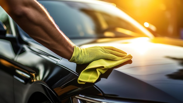 Człowiek sprzątający samochód z detalami samochodowymi z tkaniny z mikrofibry lub koncepcją obsługi samochodu