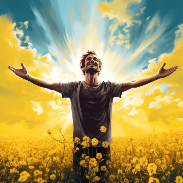Zdjęcie człowiek stoi na polu żółtych kwiatów.