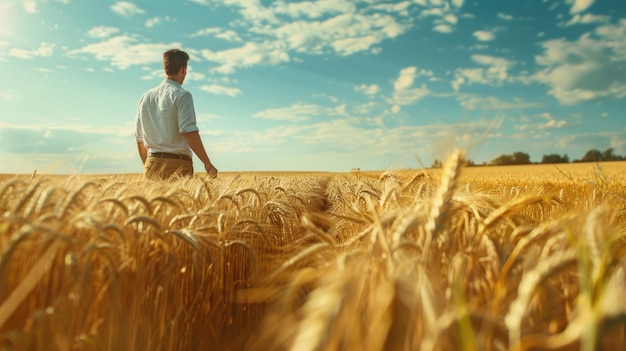 Człowiek stojący na polu pszenicy trzymający roślinę Scena rolnicza i ogrodnicza