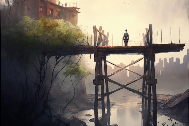 Zdjęcie człowiek stojący na starożytnym moście w zarośniętym mieście koncepcja fantasy obraz ilustracyjny generative ai