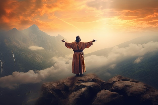 Człowiek stojący na szczycie góry i patrzący na dolinę Człowiek dzięki Bogu na górze